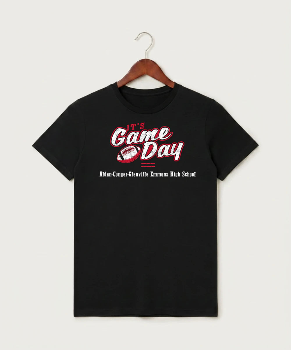 Alden-Conger-Glenville Emmons High School Football (Boys) - Black T-Shirt - Full Front