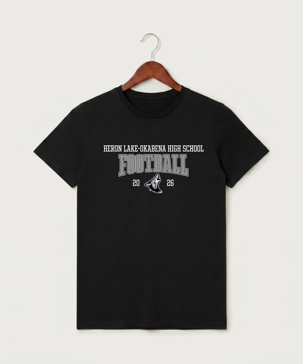 Heron Lake-Okabena High School Football (Boys) - Black T-Shirt - Full Front