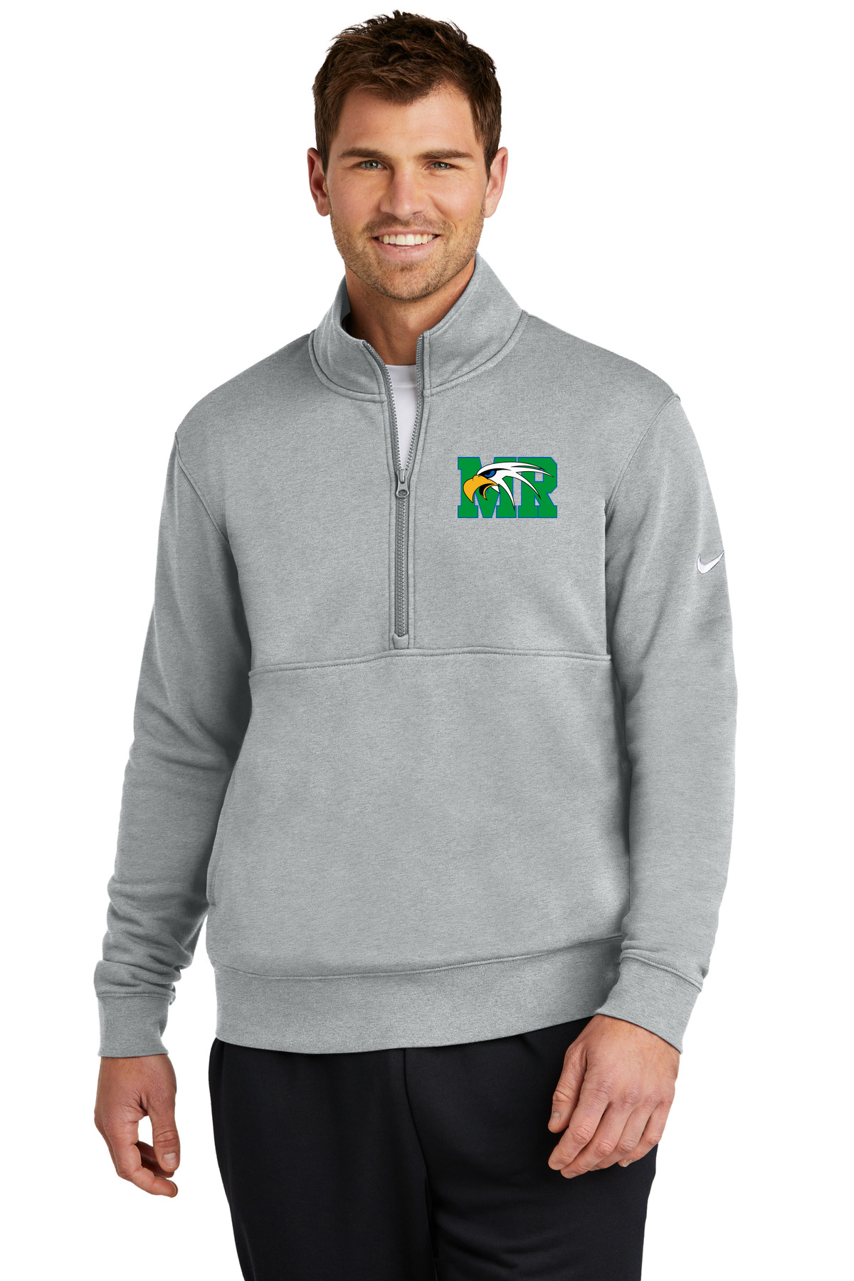 Maple River High School hockey_boys - Dark Grey Heather Nike Club Fleece Sleeve Swoosh 1/2-Zip NKDX6718