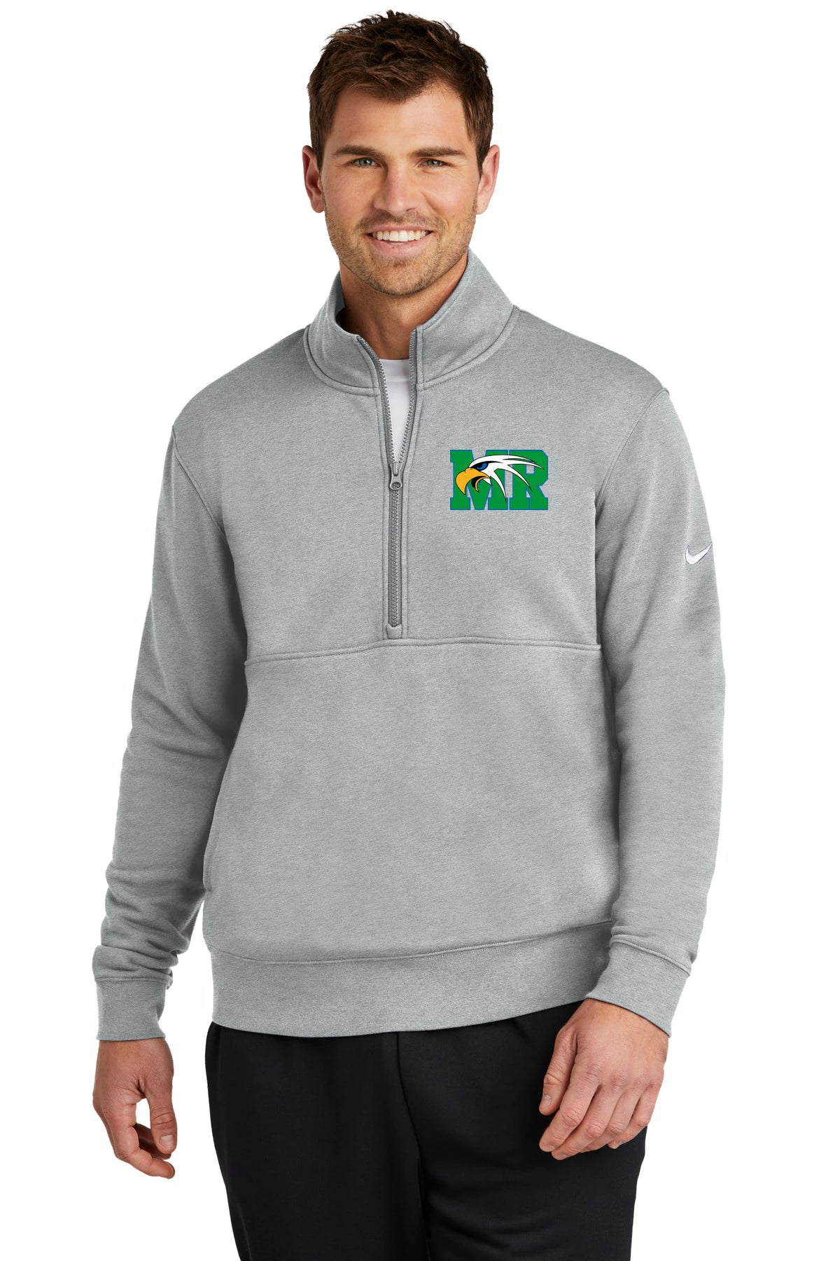 Maple River High School hockey_boys - Dark Grey Heather Nike Club Fleece Sleeve Swoosh 1/2-Zip NKDX6718