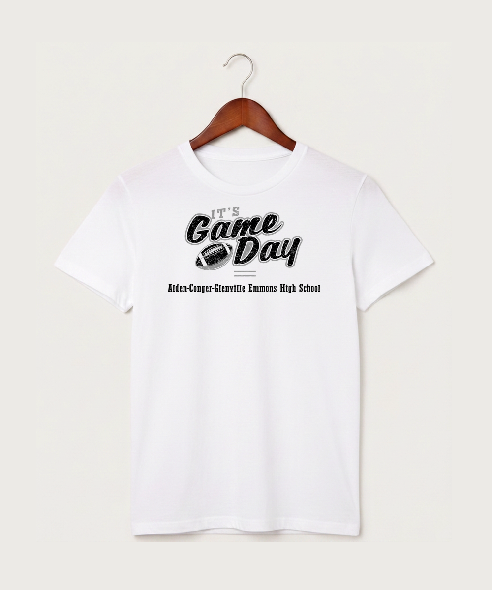 Alden-Conger-Glenville Emmons High School Football (Boys) - White T-Shirt - Full Front