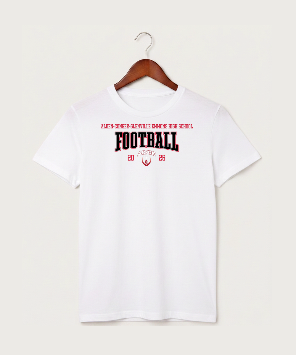 Alden-Conger-Glenville Emmons High School Football (Boys) - White T-Shirt - Full Front