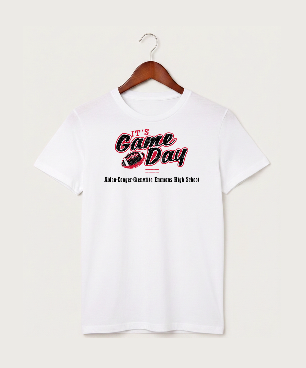 Alden-Conger-Glenville Emmons High School Football (Boys) - White T-Shirt - Full Front