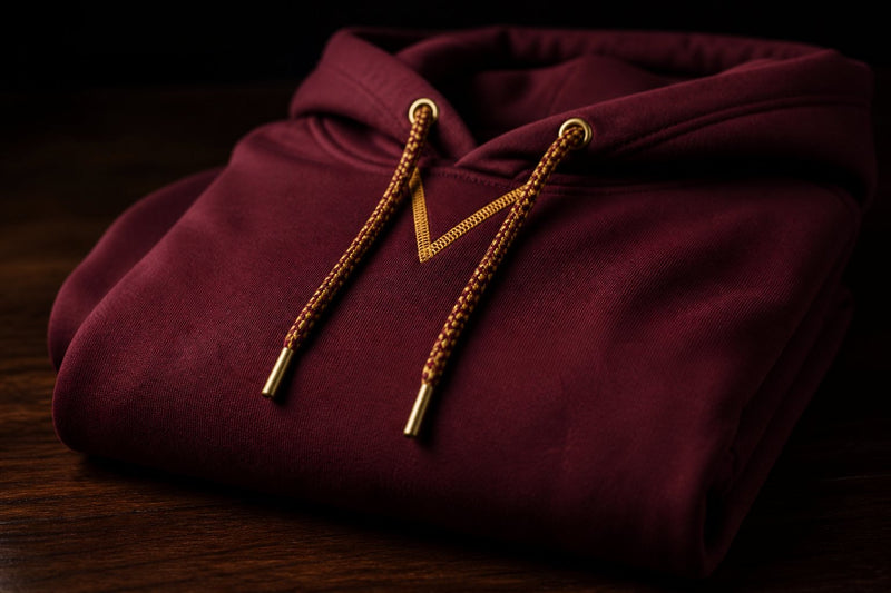 Close-up of a burgundy hoodie and its stitched details