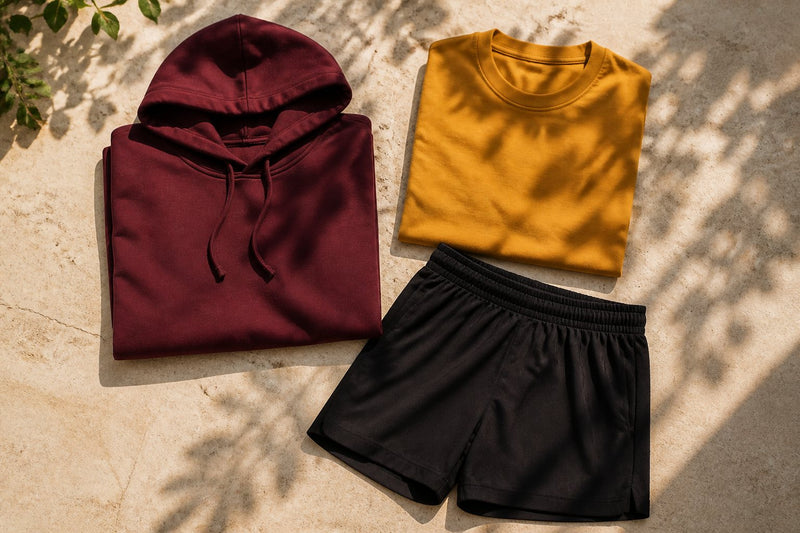 School-neutral burgundy hoodie, gold tee and black shorts arranged together
